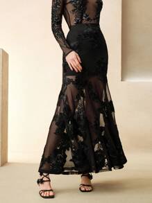 Anewsta 女士花卉印花网眼长裙，鱼尾下摆，优雅