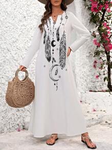SHEIN PETITE Women Feather Print V-Neck Casual Maxi Dress