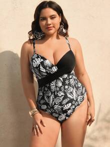 Swim Oasis Plus Size Women's 2pcs Swimsuit Set - Random Print Splice Black Strap Maxi Skirt One-Piece Swimwear For Summer Beach Vacation