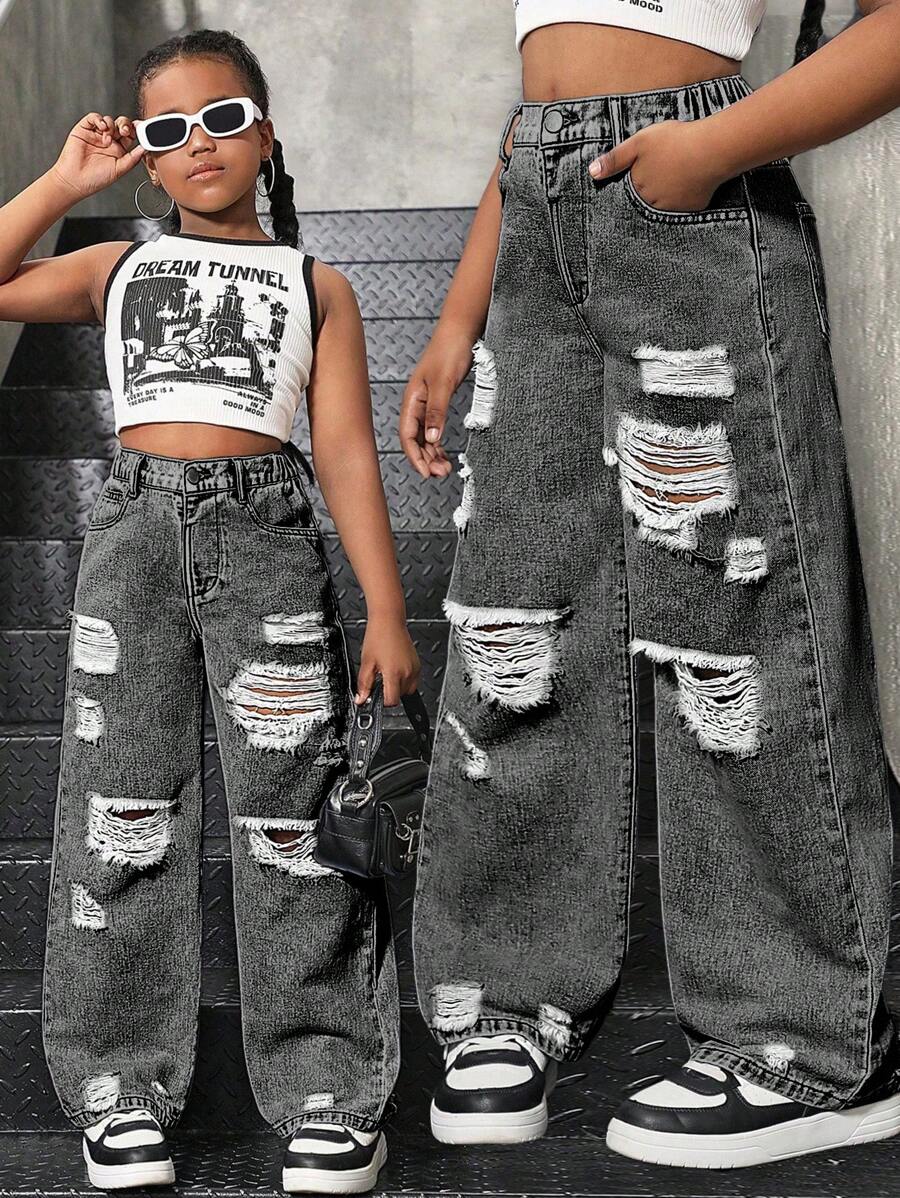 SHEIN Sparklyn Tween Girls Y2K Style Casual Loose Fitting Distressed Wide Leg Jeans, Versatile For Daily City Walk, School, Campus, College - Light Grey - View 1