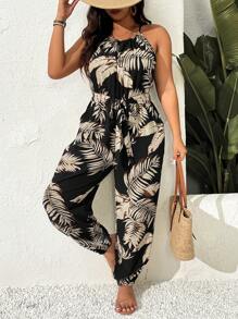 SHEIN Frenchy Plus Size Women Tropical Plant Print Sleeveless Jumpsuit - Multicolor - View 8