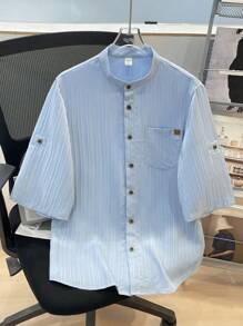 SHEIN Leap Crew 1 件青少年男孩休闲校园柔软纹理立领贴袋百搭百搭衬衫