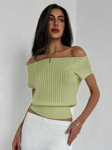 Aloruh Minimalist Elegant Off Shoulder Texture Knitted Fitted Waist Solid Color Women T-Shirt,Off The Shoulder Sweater - Mint Green - View 3