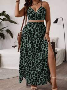 SHEIN VCAY 2pcs Plus Size Leopard Print Sling High Split Hem Skirt Set, Casual Holiday Outfit - Green - View 1