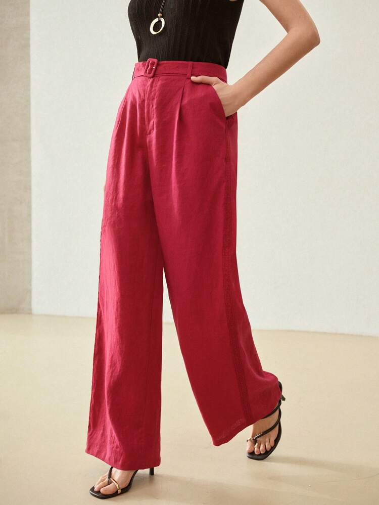 WOMEN'S 100% LINEN STRAIGHT LEG SUIT PANTS WITH LACE TRIM, SUMMER VACATION