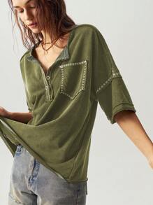 Bohemela 女士休闲纯色针织半开领圆领短袖宽松T恤