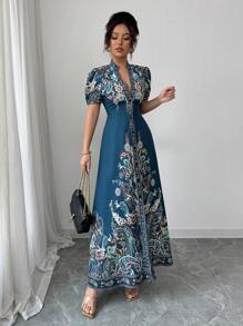 Elenzga 女式 2025 新款优雅性感深 V 领紧身长裙（印花） - 彩色 - 查看 4