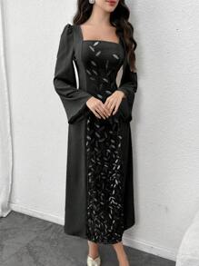 Modelyn 女士方领长袖优雅亮片网眼连衣裙 - 黑色 - 查看 6