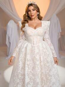 Glamrae Plus Size Elegant Romantic Sweetheart Neck Long Sleeve See-Through Mermaid Hem Wedding Dress For Bride - White - View 4