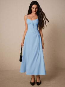 Poéselle 女士纯色褶饰前系带优雅吊带连衣裙 - 淺藍色 - 查看 7