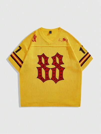 Prep Pull tricoté à col v, manches courtes, motif chiffre, style décontracté, pour hommes