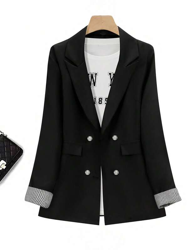 Calvaya Plus Size Women Grey Striped Patchwork Double Breasted Casual Blazer Jacket Graduation,Back To School,Teacher Outfits For Women
