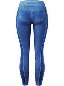 休闲牛仔效果印花高腰紧身裤