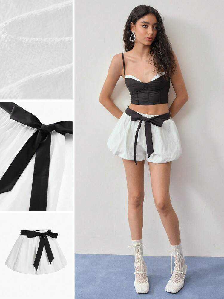MOTF STUDIO ELASTIC WAIST SLANT POCKET PUFFBALL SHORTS, COLORBLOCK BELTED SHORTS, 100% COTTON