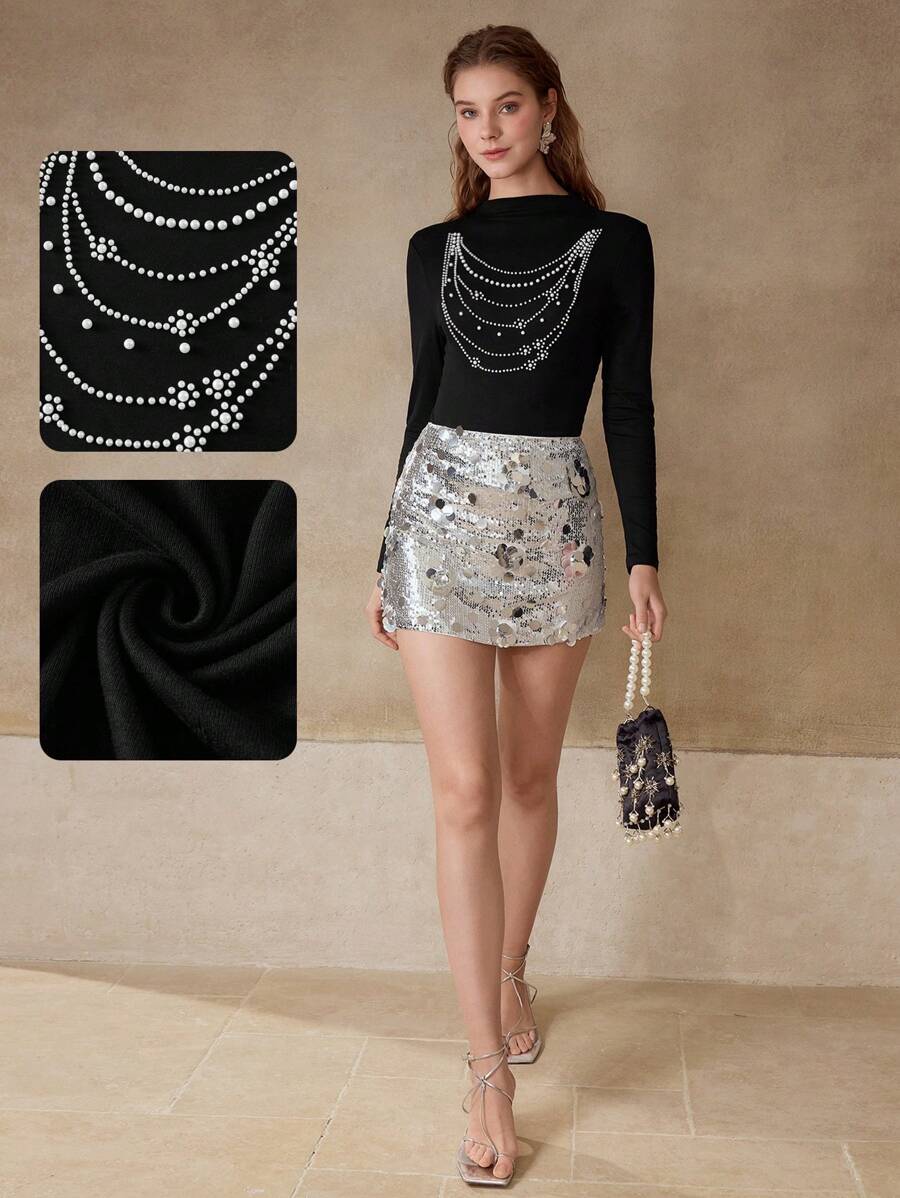 MOTF PREMIUM FAUX PEARL BEADED SLIM FIT T-SHIRT,SPRING/SUMMER - Black - View 1