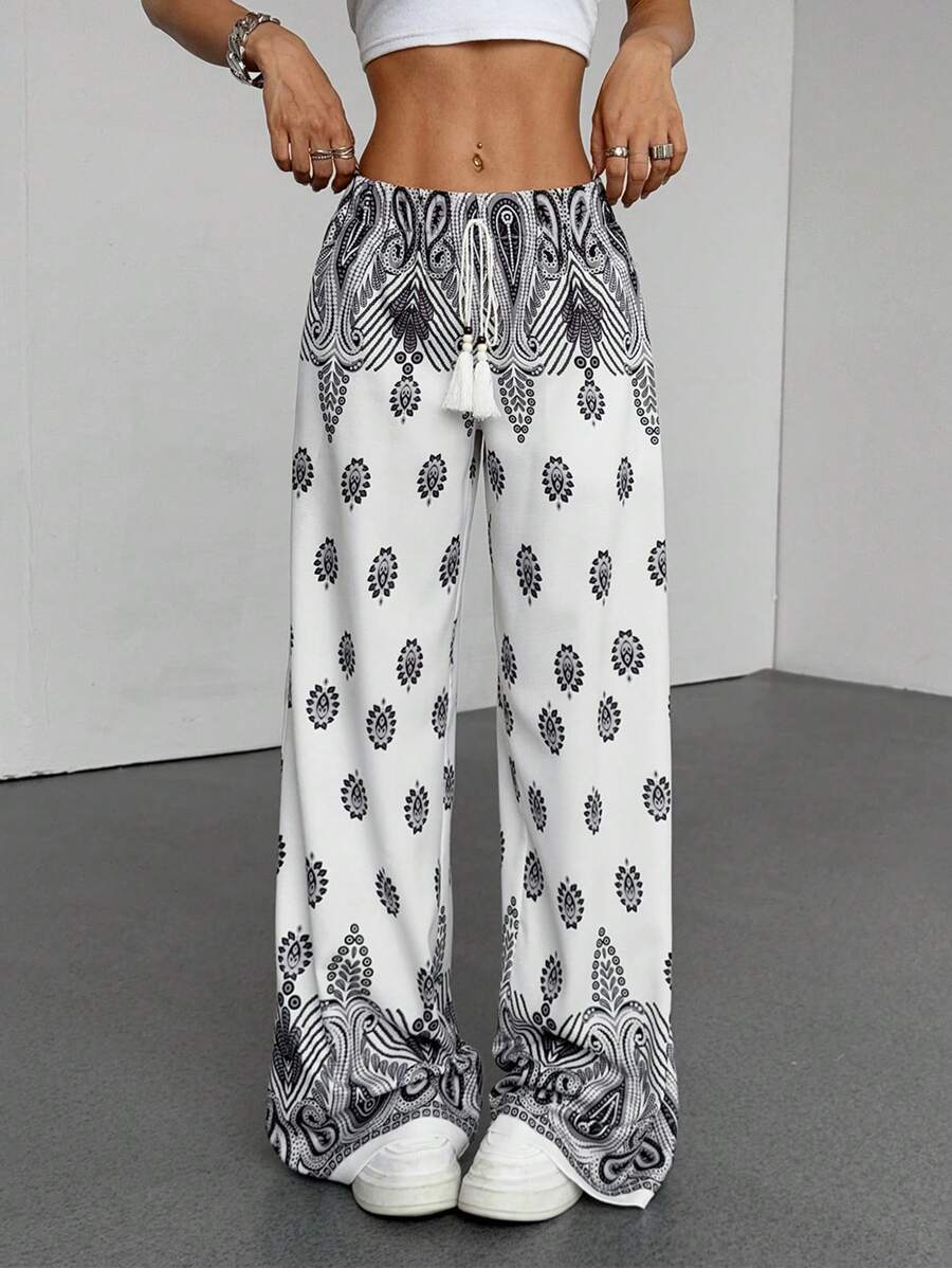 SHEIN Unity Quần ống rộng in họa tiết nhiệt đới phong cách Bohemian cho nữ, đi biển mùa hè - Nhiều màu - Xem 1