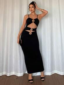 SHEIN PETITE Vestido de unicolor con hebilla no convencional de moda - Negro - Ver 3