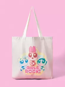 THE POWERPUFF GIRLS X SHEIN 1pc Multi-Function Reusable Fashion Handbag, Blossom, Bubbles, Buttercup Print Canvas Shopping Bag - Multicolor - View 1