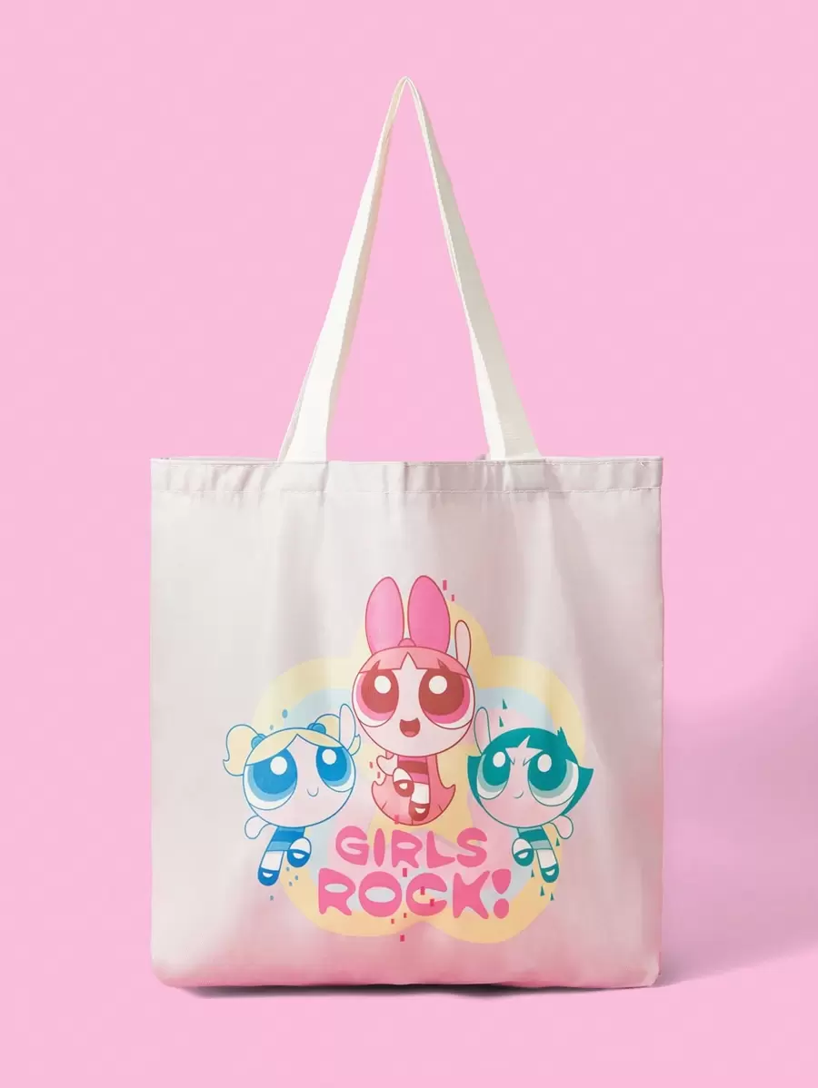 THE POWERPUFF GIRLS X SHEIN 1pc Multi-Function Reusable Fashion Handbag, Blossom, Bubbles, Buttercup Print Canvas Shopping Bag - Multicolor - View 1