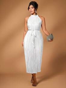 Calvaya Plus Size Women Solid Color Long Maxi Halter Neck Pleated Dress Burgundy Color Women Outfit - White - View 7