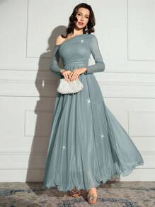 Modelyn 女士不对称领口长袖优雅超长连衣裙 - 薄荷藍 - 查看 5