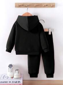 Baby Girl Sparkly Butterfly Print Fleece Hooded Sweatshirt And Pants Set, Casual Fashion Autumn/Winter - Black - View 2