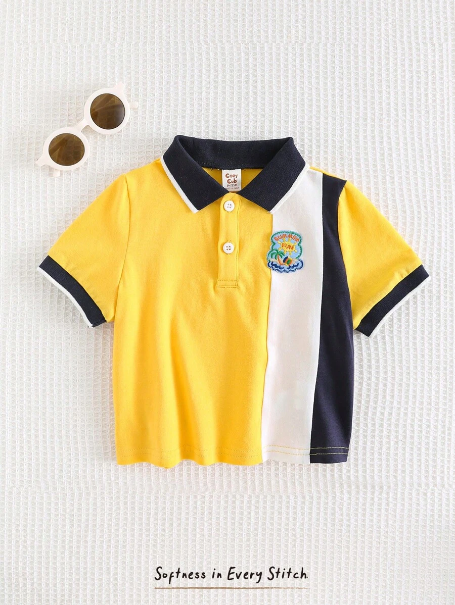 Cozy Pixies 男婴拼色柔软针织高领短袖上衣 - 芥末黃 - 查看 1