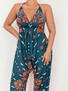 Sunnyshic Mono de talla grande con estampado vintage y espalda descubierta, estilo casual de vacaciones