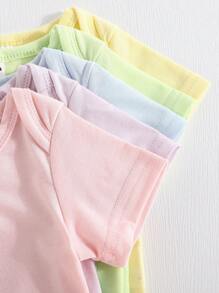 SHEIN Playful Pals 5件套女婴柔软舒适马卡龙色露肩短袖连体衣，百搭休闲日常春夏装 - 彩色 - 查看 5