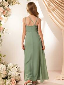 Vestido largo elegante de gasa con tirantes finos para niñas, con volantes, abertura, apropiado para niña de las flores, dama de honor, boda, fiesta de cumpleaños, baile de graduación - Verde - Ver 2