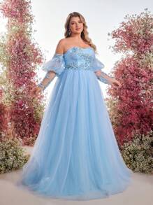 Glamrae Plus Size Elegant Luxurious Heavily Embellished Blue Sequin Embroidered Off Shoulder Puff Sleeve Long Sleeve Strapless Tulle Maxi Evening Gown, Formal, Party Dress, For Wedding Guest