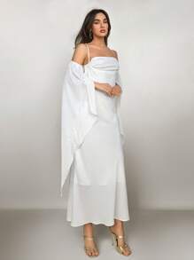 Aloruh Women's Elegant Satin Dress, White, For Wedding, Date, Prom, Backless Spaghetti Strap Flare Sleeve - White - View 4