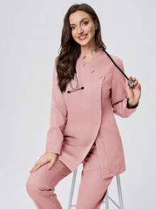 Scrubzie Set Seragam Medis Wanita dengan Atasan Lengan Panjang Kerah Tegak Anti Kerut dan Celana Panjang - Berwarna merah muda - View 4