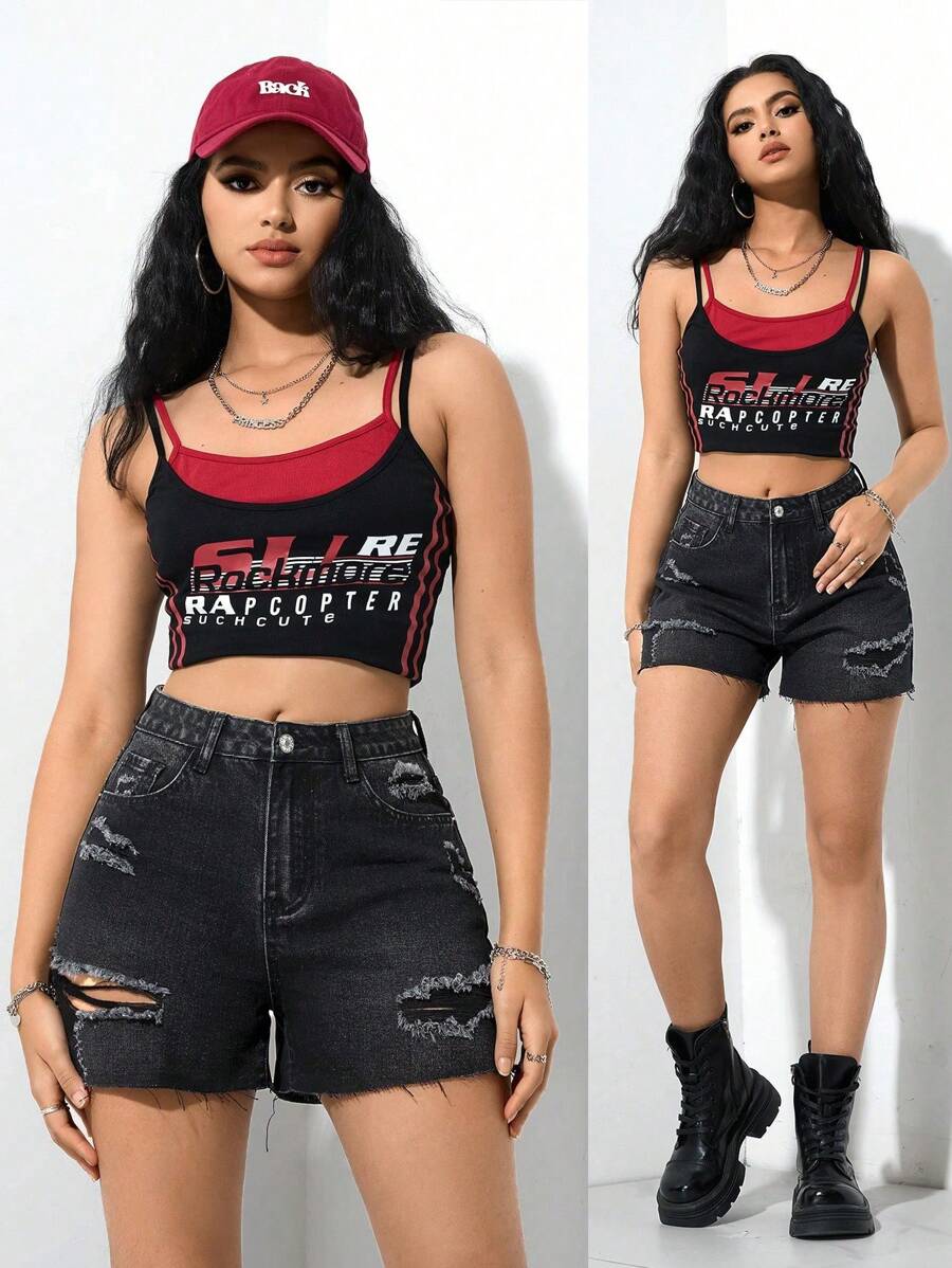 SHEIN EZwear 女士休闲牛仔短裤,简约时尚,适合日常穿着 - 黑色 - 查看 1