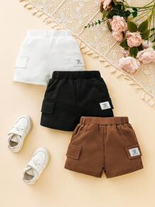 3 piezas Pantalones cortos cargo de tela de gofre para bebé niño de verano: con botones de plástico blanco decorativos, estilo casual deportivo streetwear para vacaciones, días festivos, escuela, recién nacido - Multicolor - Ver 1