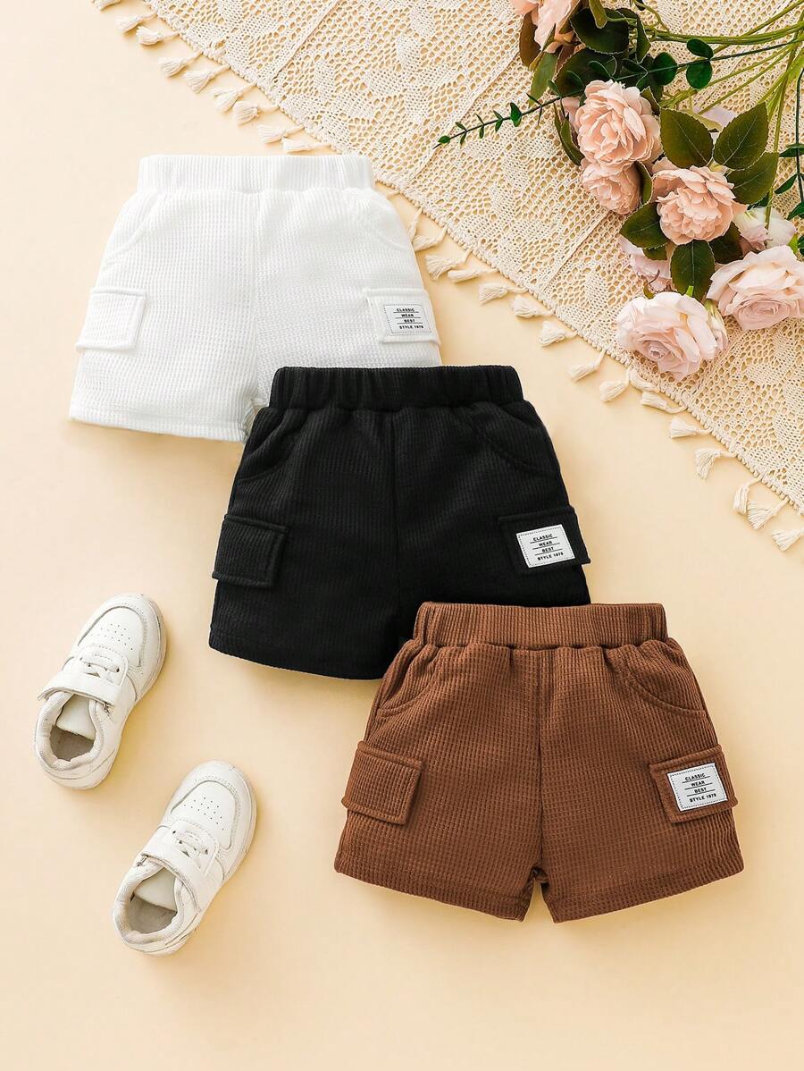 3 piezas Pantalones cortos cargo de tela de gofre para bebé niño de verano: con botones de plástico blanco decorativos, estilo casual deportivo streetwear para vacaciones, días festivos, escuela, recién nacido - Multicolor - Ver 1