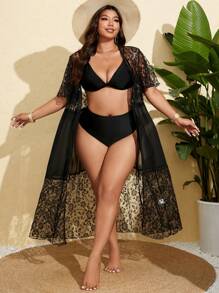 SHEIN Swim Curve Kimono exterior de talla grande para mujer con parches de encaje, cintura anudada y largo hasta los tobillos, para uso casual, de vacaciones y playa