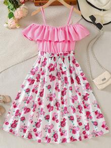 SHEIN Teen Girls Elegant Casual Holiday Pink Textured Knit Floral Rose Off Shoulder A-Line Dress, Suitable For Vacation, Easter, Country Music Festival, Wedding Season, Spring/Summer