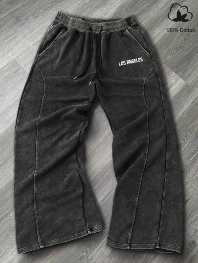 Manfinity EMRG Pantalón deportivo ancho y suelto con estampado de letras en inglés, pantalón de chándal de unicolor con cordón y cintura elástica, adecuado para uso diario, ir a la escuela y salir, ropa deportiva callejera, para rave