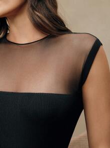 Anewsta Women Fitted Round Neck Transparent Patchwork Knit T-Shirt, Elegant For Spring & Summer - Black - View 6