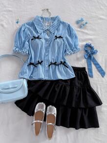 Teen Girls 2 Pieces Set: Bowknot Striped Ruffle Sleeve Blouse Top And Multi-Layered Cake Skirt, Princess And Sweet Feminine Style