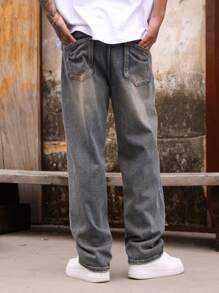 Manfinity Hypemode Loose Fit Men's Slant Pocket Wide Leg Jeans - Light Wash - View 2