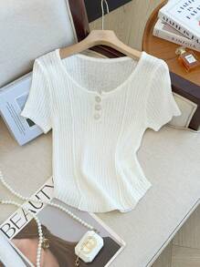 Chiquease Women's Solid Color Knit Short Sleeve Top, Minimalist & Fashionable For Summer - White - View 1