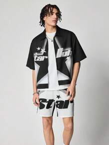 ROMWE MEN Street Life Men's Racing Casual Simple Shirt And Shorts Set, Daily Wear - Black - View 6