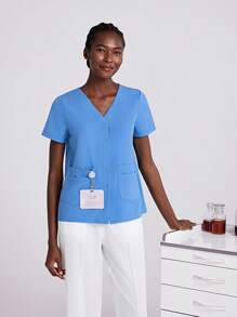 Scrubzie Simple And Fashionable Scrub Uniforms Top, Suitable For Summer Running Nurse & Uniform Scrubs Handwashing Pocketed Breathable Brushed Clothing Set Scrub Stretchable Athletic Workwear With Pockets Scrub Top And Pants Set Women's Scrub Set: Notch V-Neck Tuck In Top & Straight Leg Pants Essential Jogger Scrub Set Nursing Uniform Stretch Top & Drawstring Cargo Pants - Blue - View 6