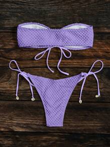 SHEIN Swim 1 Set Plain Textured Bikini For Summer Beach Vacation - Mauve Purple - View 4