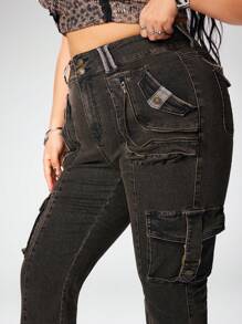 ROMWE Grunge Punk Atuendos para conciertos de primavera, jeans acampanados vintage Y2K para mujeres, pantalones de mezclilla lavada con múltiples bolsillos, talla grande - Negro - Ver 4