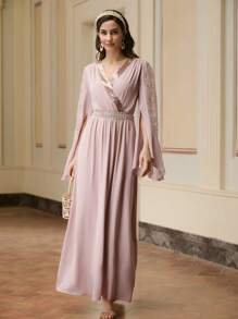 ZEYLAH 亮片蕾丝拼接优雅长裙，简约时尚休闲日常穿着 - 藕粉色 - 查看 3