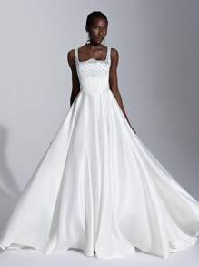 Elitara Elegant White Satin Spaghetti Strap Luxury Rhinestone Backless Adjustable Tie A-Line Ruffled Hem Wedding Dress With Train, Bride - White - View 2