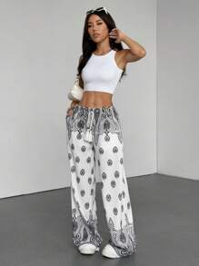 SHEIN Unity 女式波西米亚风热带印花休闲宽松阔腿裤，夏季海滩 - 彩色 - 查看 5